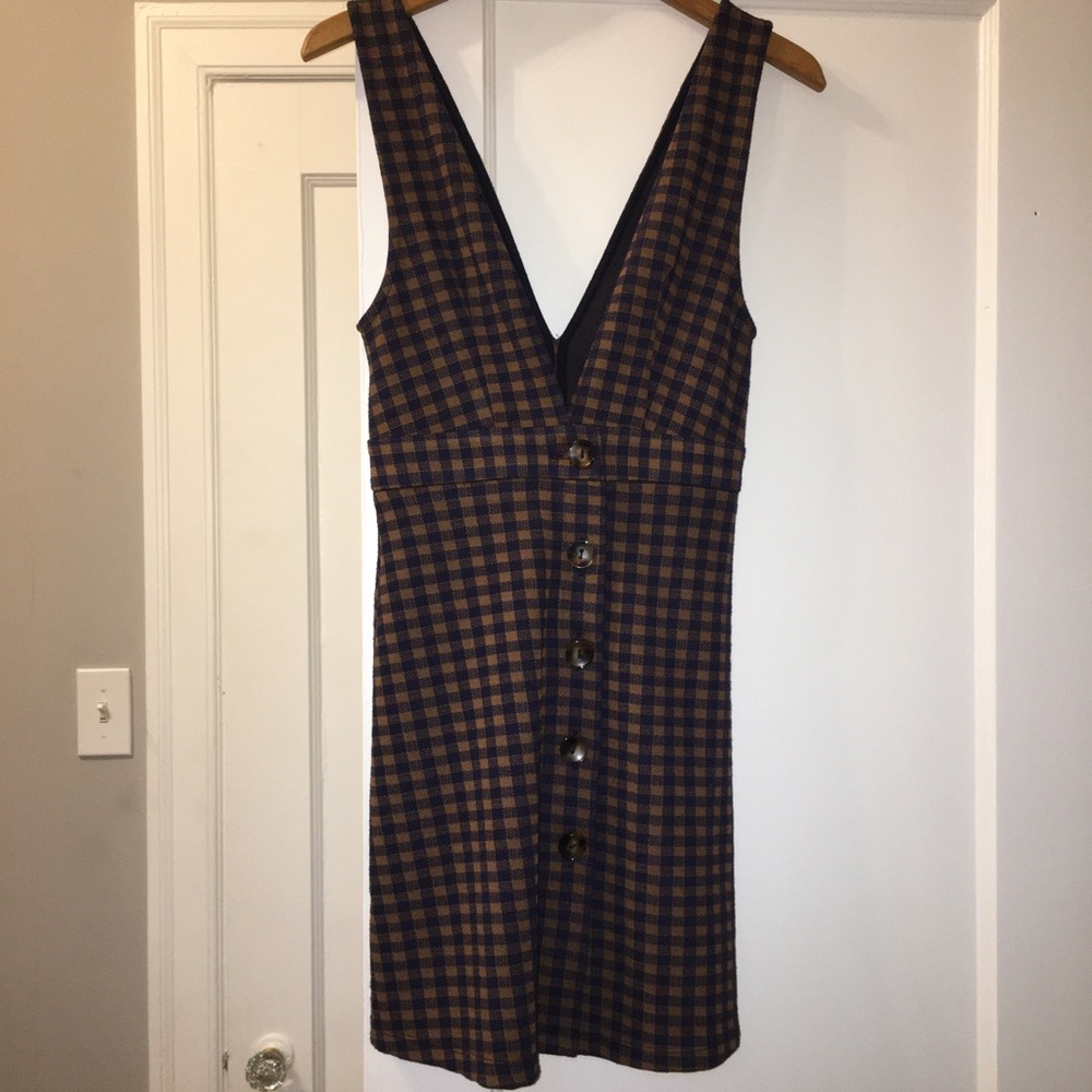 Navy & Tan gingham overall dress
